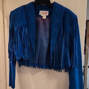 Women's 100% Suade Vibrant Blue Fringe Blazer Jacket